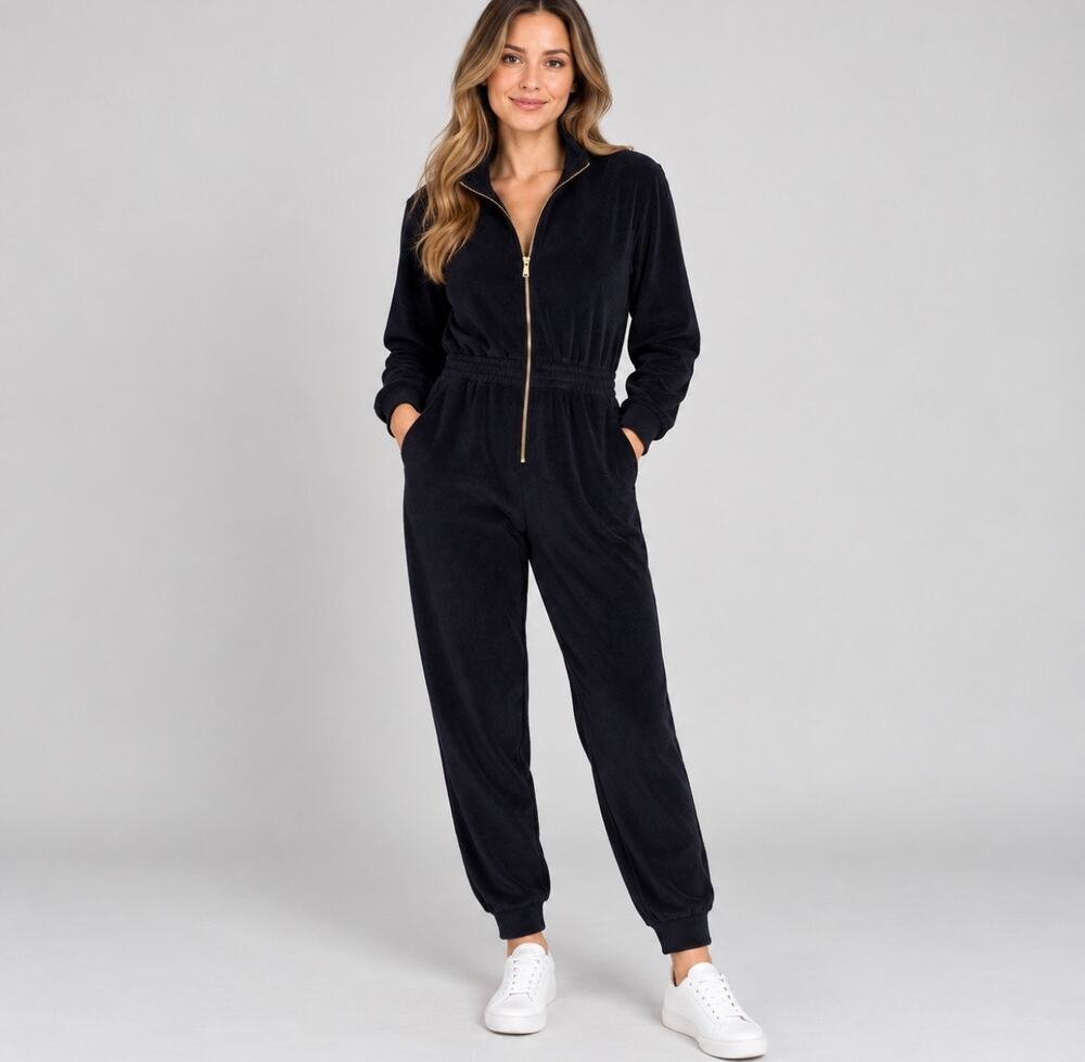 Fabletics Black Zip Front Jumpsuit Women’s M Long Sleeve Jogger One Piece